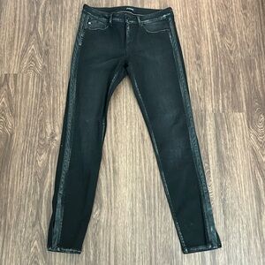 MAGGIE straight leg distressed leather trim jeans